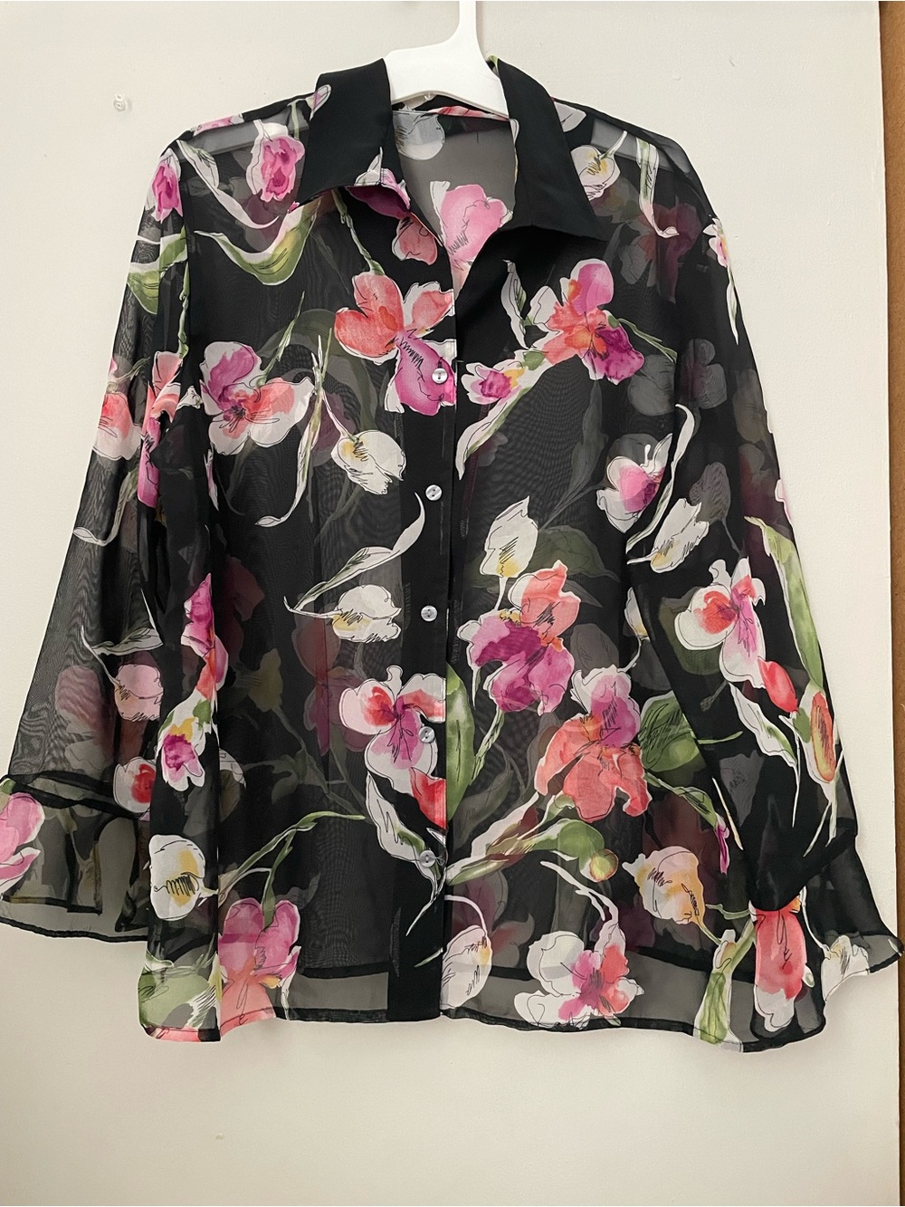 Sheer Black Floral Button-Front Blouse - Pink Floral - Picture 2 of 10